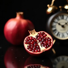 Fresh pomegranate cut open with vintage clock in background