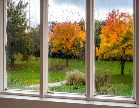 Autumn view through a rainy window