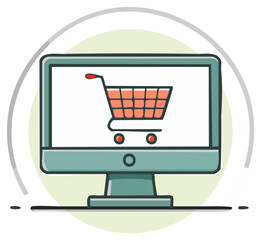 Computer Monitor Displaying Online Shopping Cart for E-commerce Illustration