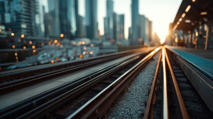 Obraz premium Sunlight illuminates railway tracks in a modern urban setting, with skyscrapers lining the cityscape at dusk.