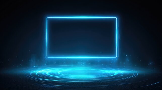 Digital rectangular frame with glowing blue edges and holographic elements on dark background creating futuristic virtual screen display for modern technology business presentations.