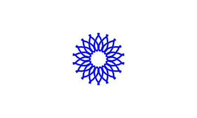 An intricate blue mandala icon for spiritual yoga & meditation branding (Chakra symbol) & as a modern snowflake for winter & Christmas holiday designs. An Indian Rangoli style pattern.