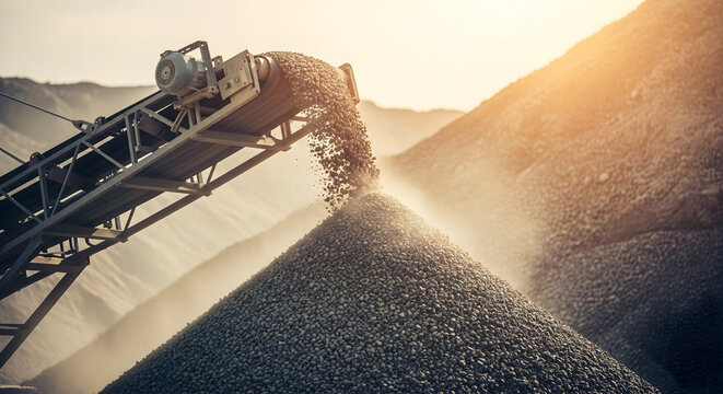 Gravel moving on conveyor belt for construction or mining operations