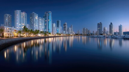 Fototapeta premium Panama City Skyline at Twilight with Reflections in Calm Bay Waters and Row of Lit Palm Trees Against Deep Blue and Violet Hues