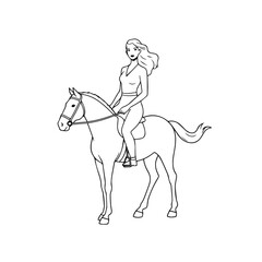 Black and white line art of a beautiful woman with perfect body riding horse elegant minimalist illustration
