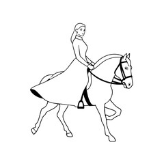 Black and white line art of a beautiful woman with perfect body riding horse elegant minimalist illustration
