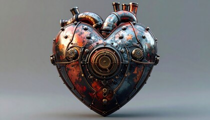 Steampunk heart, metallic, ornate, intricate machinery, heart shape, industrial design