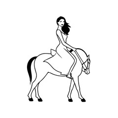 Black and white line art of a beautiful woman with perfect body riding horse elegant minimalist illustration
