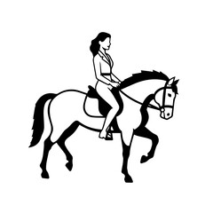 Black and white line art of a beautiful woman with perfect body riding horse elegant minimalist illustration
