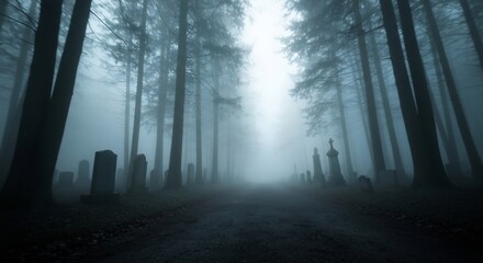 Fogshrouded path through a graveyard flanked by towering trees