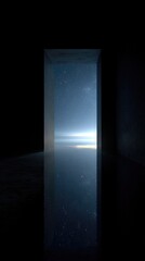 Open door portal in dark space revealing blue sky and distant stars with interior light reflection creating futuristic gateway concept for business breakthrough and new opportunities.