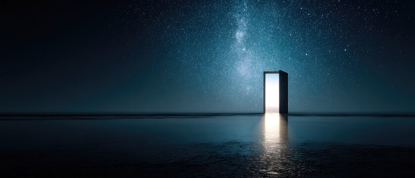 Open door portal in dark space revealing blue sky and distant stars with interior light reflection creating futuristic gateway concept for business breakthrough and new opportunities.