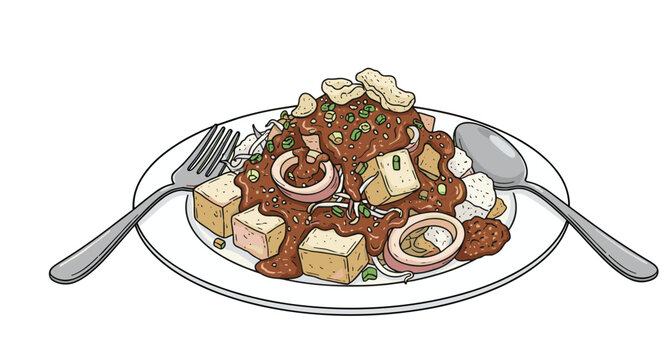 indonesian tofu salad with sauce, fork, spoon clip art preview