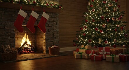 Cozy Christmas Scene with Fireplace, Stockings, Christmas Tree, and Colorful Gift Boxes in a Festive Living Room