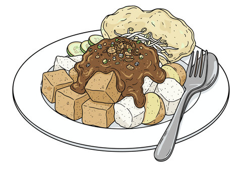 indonesian tofu dish on plate with fork clip art preview