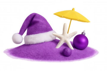 Purple santa hat sitting on vibrant sand with starfish, christmas ornament, and beach umbrella, transparent background