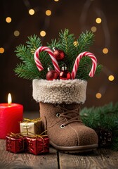 Cozy Holiday Boot Filled with Greenery, Candy Canes, and Ornaments on Rustic Table with Warm Lights