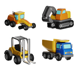Construction vehicles 3d rendering of heavy machinery set