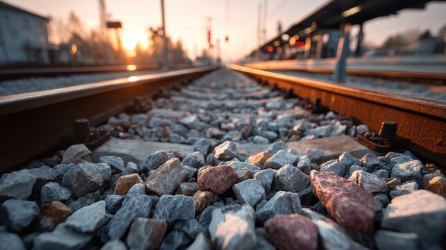 Close-up view of railway tracks with gravel ballast at sunrise, capturing the texture of rocks and the glowing light along the rails.