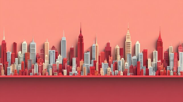 Flat, stylized city skyline on a pink background