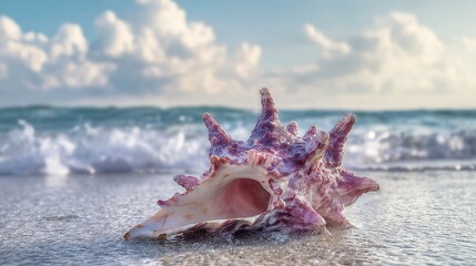 Gorgeous Conchs Scattered Along the Sunny Seaside—Their Shiny, Swirled Shells in Soft Hues of White, Pink, and Blue Glow Under the Sun, Blending Perfectly With the Blue Waves, Golden Sand