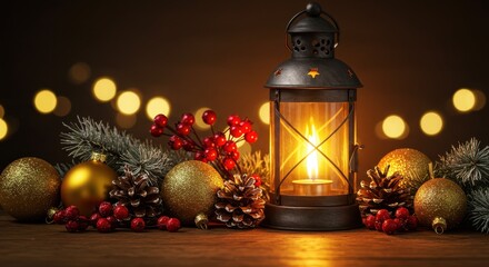 Cozy Lantern with Warm Light Surrounded by Holiday Decorations and Natural Elements for Festive Atmosphere