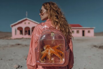 A young woman strolls through a surreal landscape featuring a pastel pink building, wearing a stylish outfit and a transparent backpack with an octopus inside. neutral background, clear negative space