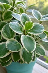 Obraz premium Variegated Peperomia Plant in Blue Pot on Windowsill Bright Indoor Close-Up