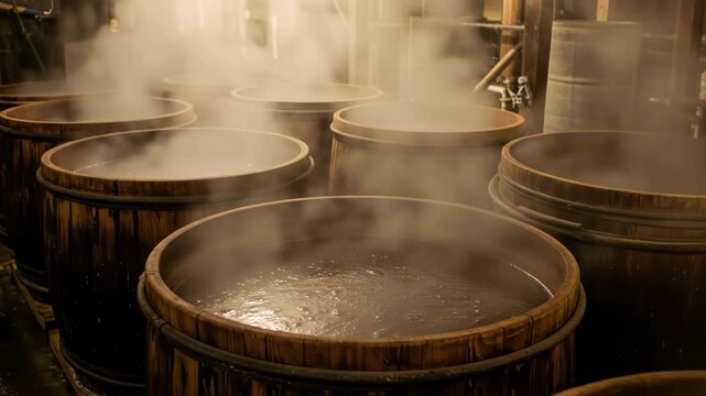 Steaming wooden barrels filled with liquid, possibly sake or soy sauce brewing.