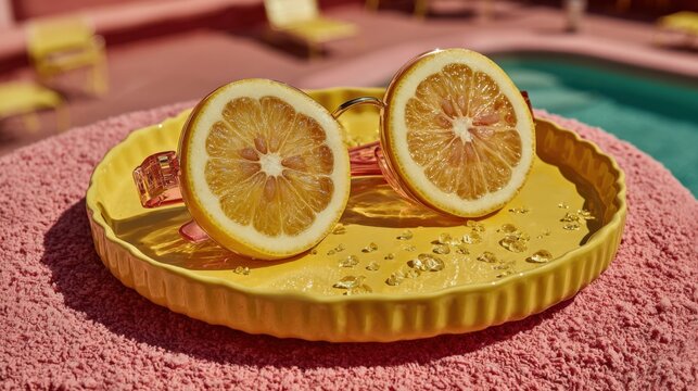A pair of unique sunglasses featuring lemon slices as lenses, resting on a vibrant yellow plate. The background showcases a pool area with colorful lounge chairs. neutral background, clear negative - Powered by Adobe