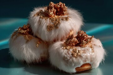 A trio of fluffy donuts adorned with a fur-like texture and golden toppings, beautifully arranged on a vibrant blue surface. neutral background, clear negative space, clean composition, balanced