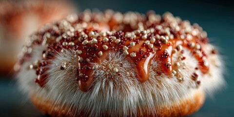 Delicious fluffy donuts with a unique fur-like texture, topped with shiny caramel and decorative sprinkles, creating an eye-catching dessert. neutral background, clear negative space, clean, balanced