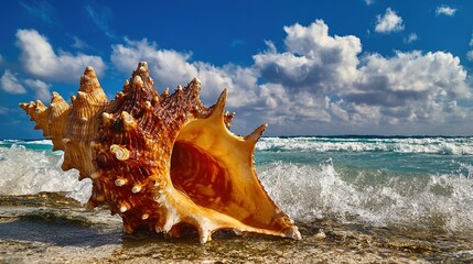 Gorgeous Conchs Scattered Along the Sunny Seaside—Their Shiny, Swirled Shells in Soft Hues of White, Pink, and Blue Glow Under the Sun, Blending Perfectly With the Blue Waves, Golden Sand