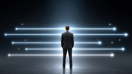 Obraz premium Illuminated figure, man stands before a wall of light in captivating display