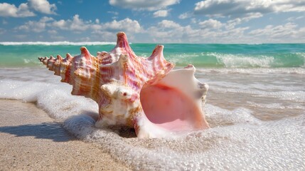 Gorgeous Conchs Scattered Along the Sunny Seaside—Their Shiny, Swirled Shells in Soft Hues of White, Pink, and Blue Glow Under the Sun, Blending Perfectly With the Blue Waves, Golden Sand