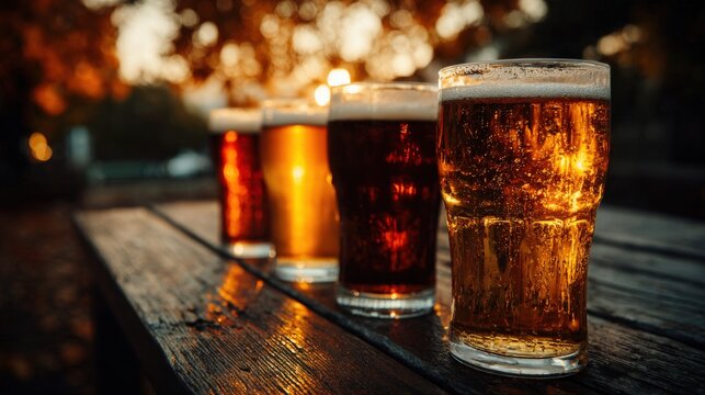 A vibrant autumn beer flight displayed on a rustic outdoor patio, showcasing four distinct glasses of beer against a backdrop of blurred fall foliage. neutral background, clear negative space