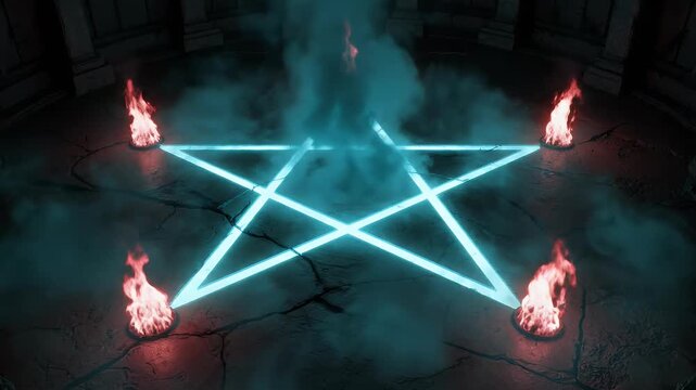 Eerie mystical pentagram ritual with glowing blue light and rising smoke surrounded by five burning torches on a cracked stone floor in a dark chamber.