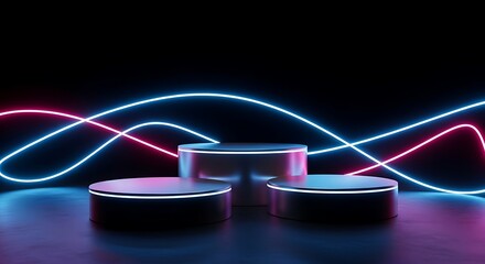 Three futuristic podiums with neon blue and pink light waves against a dark background, perfect for product display or futuristic themes