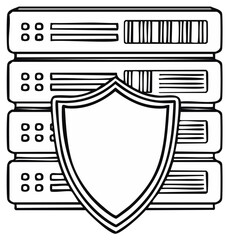 Obraz premium Server Rack with Security Shield Icon for Cybersecurity and Data Protection Line Art