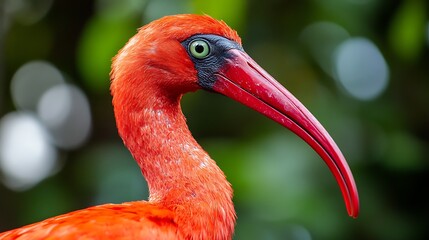A close up shot of a vibrant scarlet ibis bird with its distinctive curved beak and green background