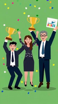 Business Team Celebrating Success with Trophies