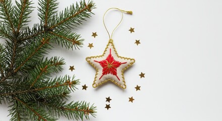 Decorative Christmas Star Ornament with Pine Branch and Golden Stars on White Background