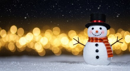 Cute Christmas Snowman Wearing Black Hat and Orange Scarf on Snowy Background with Bright Bokeh Lights in Night Sky
