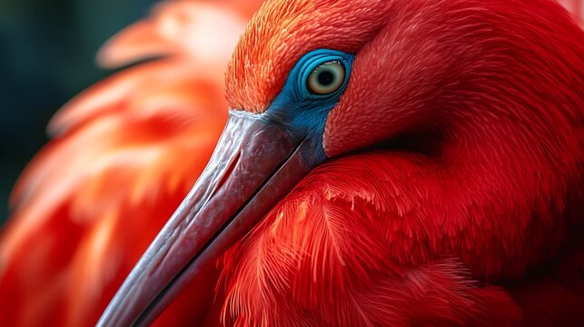 Close up of a scarlet ibis showing its vibrant red feathers and blue skin around its eye region - Powered by Adobe