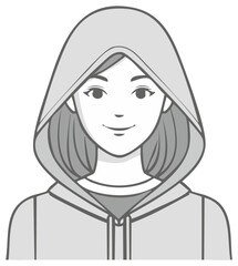Illustration of a woman wearing a hooded sweatshirt in black and white grayscale
