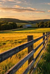 Fototapeta premium Golden hour landscape photography of serene fields and rustic barn countryside tranquil environment wide view