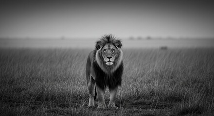 Majestic lion stares intently across the savanna in stunning black and white portrait