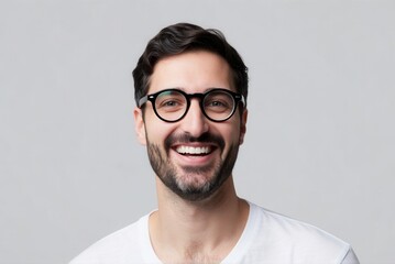 Obraz premium Smiling man portrait studio setting photography neutral background close-up happiness expression