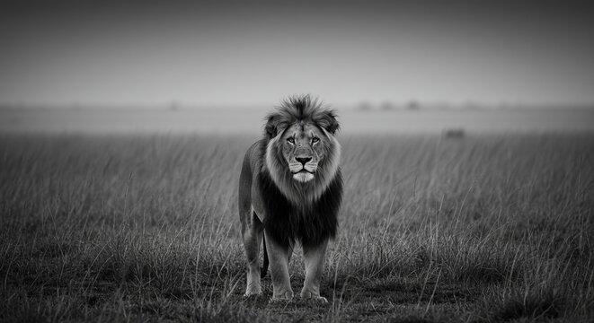 Majestic lion stares intently across the savanna in stunning black and white portrait