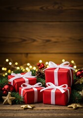 Festive Christmas Gift Boxes Surrounded by Greenery and Decorations on a Rustic Wooden Background with Glowing Lights
